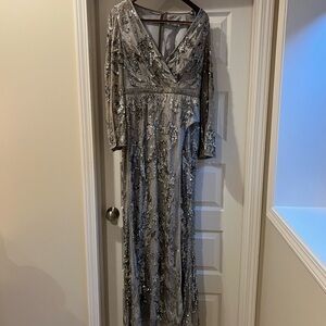 Mac Duggal Silver Sequin Long Sleeve Dress